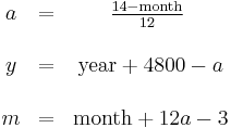 \begin{matrix}a & = & \frac{14 - \text{month}}{12}\ \\ \\y & = & \text{year} %2B 4800 - a \\ \\m & = & \text{month} %2B 12a - 3 \\\end{matrix}