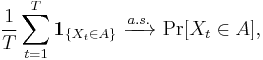 
    \frac{1}{T} \sum_{t=1}^T \mathbf{1}_{\{X_t\in A\}} \ \xrightarrow{a.s.}\ \operatorname{Pr}[X_t\in A],
  