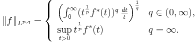 \| f \|_{L^{p, q}} = \left\{ 
\begin{array}{l l} 
\left( \int_0^{\infty} (t^{\frac{1}{p}} f^{*}(t))^q \, \frac{dt}{t} \right)^{\frac{1}{q}} & q \in (0, \infty),\\
\displaystyle \sup_{t > 0} t^{\frac{1}{p}} f^{*}(t) & q = \infty.
\end{array} 
\right.