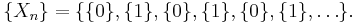 \{X_n\} = \{ \{0\},\{1\},\{0\},\{1\},\{0\},\{1\},\dots \}.