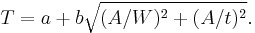 T = a%2Bb\sqrt{(A/W)^2%2B(A/t)^2}.