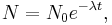 N = N_0 e^{-\lambda t}, \,