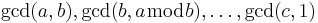 \gcd(a, b), \gcd(b, a \bmod b), \dots, \gcd(c, 1)