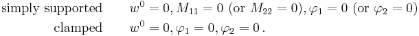 
  \begin{align}
    \text{simply supported} \quad & \quad w^0 = 0, M_{11} = 0 ~(\text{or}~M_{22} = 0), 
    \varphi_1 = 0 ~(\text{or}~\varphi_2 = 0) \\
    \text{clamped} \quad & \quad w^0 = 0, \varphi_1 = 0,  \varphi_{2} = 0  \,.
  \end{align}
