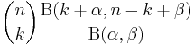 {n\choose k}\frac{\mathrm{B}(k%2B\alpha,n-k%2B\beta)} {\mathrm{B}(\alpha,\beta)}\!