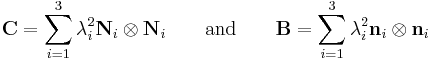  \mathbf{C} = \sum_{i=1}^3 \lambda_i^2 \mathbf{N}_i \otimes \mathbf{N}_i \qquad \text{and} \qquad \mathbf{B} = \sum_{i=1}^3 \lambda_i^2 \mathbf{n}_i \otimes \mathbf{n}_i\,\!