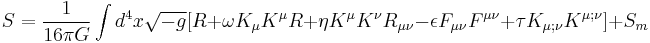 S={1\over 16\pi G}\int d^4 x\sqrt{-g}[R%2B\omega K_\mu K^\mu R%2B\eta K^\mu K^\nu R_{\mu\nu}-\epsilon F_{\mu\nu}F^{\mu\nu}%2B\tau K_{\mu;\nu}K^{\mu;\nu}]%2BS_m\;