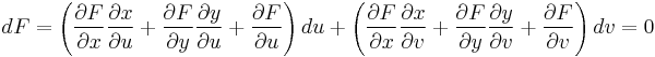 dF = \left(\frac{\partial F}{\partial x} \frac{\partial x}{\partial u} %2B\frac{\partial F}{\partial y} \frac{\partial y}{\partial u} %2B\frac{\partial F}{\partial u} \right) du %2B \left(\frac{\partial F}{\partial x} \frac{\partial x}{\partial v} %2B\frac{\partial F}{\partial y} \frac{\partial y}{\partial v} %2B\frac{\partial F}{\partial v} \right) dv = 0