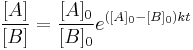 \frac{[A]}{[B]} = \frac{[A]_0}{[B]_0} e^{([A]_0 - [B]_0)kt}