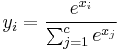 y_i=\frac{e^{x_i}}{\sum_{j=1}^c e^{x_j}}