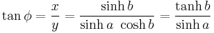 \tan \phi = \frac{x}{y} = \frac{\sinh b}{\sinh a ~\cosh b} = \frac{\tanh b}{\sinh a}