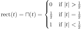 \mathrm{rect}(t) = \sqcap(t) = \begin{cases}
0           & \mbox{if } |t| > \frac{1}{2} \\[3pt]
\frac{1}{2} & \mbox{if } |t| = \frac{1}{2} \\[3pt]
1           & \mbox{if } |t| < \frac{1}{2}
\end{cases} 