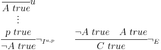 
\cfrac{
 \begin{matrix}
 \cfrac{}{A \ true} u \\
 \vdots \\
 p \ true
 \end{matrix}
}{\lnot A \ true} \lnot_{I^{u,p}}
\qquad
\cfrac{\lnot A \ true \quad A \ true}{C \ true} \lnot _E
