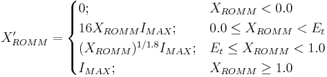 
X'_{ROMM} = \begin{cases} 0; & X_{ROMM} < 0.0 \\ 16X_{ROMM}I_{MAX}; & 0.0 \le X_{ROMM} < E_t \\ (X_{ROMM})^{1/1.8}I_{MAX}; & E_t \le X_{ROMM}<1.0 \\ I_{MAX}; & X_{ROMM} \ge 1.0
\end{cases}
