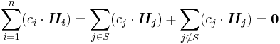 \sum_{i=1}^n (c_i \cdot \boldsymbol{H_i}) = \sum_{j \in S} (c_j \cdot \boldsymbol{H_j}) %2B \sum_{j \notin S} (c_j \cdot \boldsymbol{H_j}) =  \boldsymbol{0}