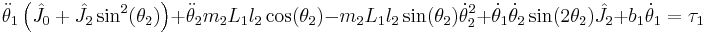 \ddot{\theta}_1 \left(\hat{J_0} %2B \hat{J_2}\sin^2(\theta_2) \right) 
%2B \ddot{\theta}_2 m_2 L_1 l_2 \cos(\theta_2) 
- m_2 L_1 l_2 \sin(\theta_2) \dot{\theta}_2^2 
%2B\dot{\theta}_1 \dot{\theta}_2 \sin(2 \theta_2)\hat{J_2} 
%2Bb_1 \dot{\theta}_1
= \tau_1