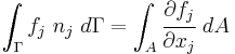 
  \int_{\Gamma} f_j~n_j~d\Gamma = \int_A \cfrac{\partial f_j}{\partial x_j}~dA
 