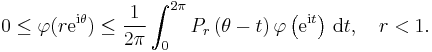  0 \le  \varphi(r \mathrm{e}^{\mathrm{i} \theta}) \le \frac{1}{2\pi} \int_0^{2\pi} P_r\left(\theta- t\right) \varphi\left(\mathrm{e}^{\mathrm{i} t}\right) \, \mathrm{d} t, \ \ \ r < 1.