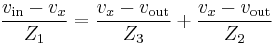 \frac{v_{\text{in}}-v_x}{Z_1}=\frac{v_x-v_{\text{out}}}{Z_3}%2B\frac{v_x-v_{\text{out}}}{Z_2}