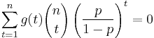 \sum_{t=1}^n g(t){n \choose t}\left(\frac{p}{1-p}\right)^t = 0 