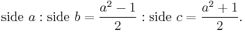 \text{side }a�: \text{side }b = {a^2 - 1 \over 2}�: \text{side }c = {a^2 %2B 1 \over 2}.