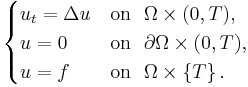 \begin{cases} u_{t} = \Delta u & \textrm{on} \ \ \Omega \times (0,T), \\ u=0 & \textrm{on} \ \ \partial\Omega \times (0,T), \\ u = f & \textrm{on} \ \ \Omega \times \left \{ T \right \}. \end{cases} 