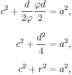 
\begin{align}
c^2%2B\frac{d}{2 \varphi}\frac{\varphi d}{2} & = a^2, \\[8pt]
c^2%2B\frac{d^2}{4} & = a^2, \\[8pt]
c^2%2Br^2 & = a^2,
\end{align}
