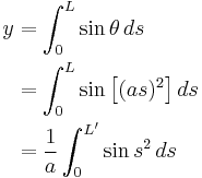 
\begin{align}
y & = \int_0^L \sin\theta \, ds \\
  & = \int_0^L \sin \left[ (a s)^2 \right] ds \\
  & = \frac{1}{a} \int_0^{L'} \sin {s}^2 \, ds 
\end{align}
