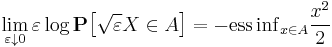 \lim_{\varepsilon \downarrow 0} \varepsilon \log \mathbf{P} \big[ \sqrt{\varepsilon} X \in A \big] = - \mathop{\mathrm{ess \, inf}}_{x \in A} \frac{x^{2}}{2}