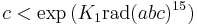 c < \exp{(K_1  \operatorname{rad}(abc)^{15}) } 