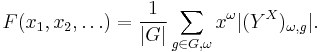 F(x_1,x_2,\ldots)= \frac{1}{|G|} \sum_{g \in G, \omega} x^\omega |(Y^X)_{\omega,g}|.