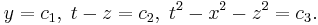  y = c_1, \; t-z = c_2, \; t^2-x^2-z^2 = c_3. 