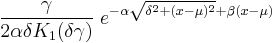 \frac{\gamma}{2\alpha\delta K_1(\delta \gamma)} \; e^{-\alpha\sqrt{\delta^2 %2B (x - \mu)^2}%2B \beta (x - \mu)}