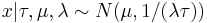   x|\tau, \mu, \lambda \sim N(\mu,1 /(\lambda  \tau)) \,\! 