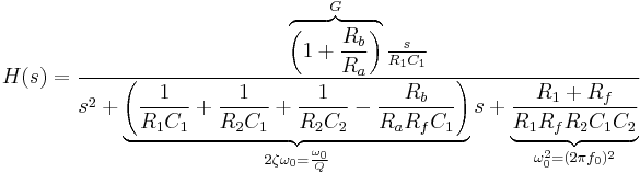 H(s) = \frac{\overbrace{\left(1%2B\frac{R_b}{R_a}\right)}^{G} \frac{s}{R_1 C_1}}{s^2 %2B
  \underbrace{\left( \frac{1}{R_1 C_1} %2B \frac{1}{R_2 C_1} %2B \frac{1}{R_2 C_2} - \frac{R_b}{R_a R_f C_1} \right)}_{2 \zeta \omega_0 = \frac{\omega_0}{Q}} s %2B
  \underbrace{\frac{R_1 %2B R_f}{R_1 R_f R_2 C_1 C_2}}_{\omega_0^2 = (2\pi f_0)^2}}