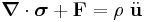 \boldsymbol{\nabla}\cdot\boldsymbol{\sigma} %2B \mathbf{F} = \rho~\ddot{\mathbf{u}} 