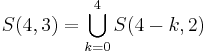 
   \displaystyle 
   S(4,3) 
   =
   \bigcup_{k=0}^{4}
   S(4-k,2)
