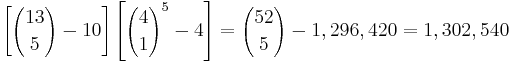 \left[{13 \choose 5} - 10\right]\left[{4 \choose 1}^5 - 4\right] = {52 \choose 5} - 1,296,420 = 1,302,540