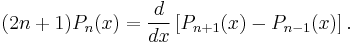 (2n%2B1) P_n(x) = {d \over dx} \left[ P_{n%2B1}(x) - P_{n-1}(x) \right].