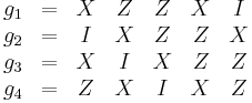 
\begin{array}
[c]{ccccccc}
g_{1} & = & X & Z & Z & X & I\\
g_{2} & = & I & X & Z & Z & X\\
g_{3} & = & X & I & X & Z & Z\\
g_{4} & = & Z & X & I & X & Z
\end{array}
