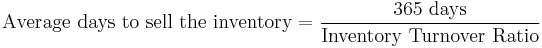 \mbox{Average days to sell the inventory}=\frac{\mbox{365 days}}{\mbox{Inventory Turnover Ratio}}