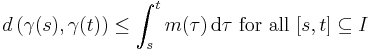 d \left( \gamma(s), \gamma(t) \right) \leq \int_{s}^{t} m(\tau) \, \mathrm{d} \tau \mbox{ for all } [s, t] \subseteq I