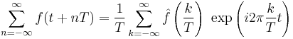 \sum_{n=-\infty}^\infty f(t %2B nT) = \frac{1}{T} \sum_{k=-\infty}^\infty \hat{f}\left(\frac{k}{T}\right)\ \exp\left(i 2\pi \frac{k}{T} t\right)