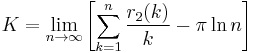 K=\lim_{n \to \infty}\left[\sum_{k=1}^{n}{r_2(k)\over k} - \pi\ln n\right]