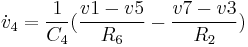 \dot{v}_4 = {1 \over C_4} ({{v 1 - v 5} \over R_6} - {{v 7 - v 3} \over R_2})  