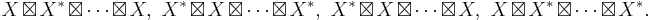  X\boxtimes X^* \boxtimes \cdots \boxtimes X,\,\, X^*\boxtimes X \boxtimes \cdots \boxtimes X^*, \,\, X^* \boxtimes X \boxtimes \cdots \boxtimes X,\,\, X\boxtimes X^* \boxtimes  \cdots \boxtimes X^*.