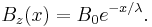 B_z(x) = B_0 e^{-x / \lambda}. \,