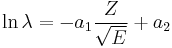 \ln\lambda=-a_1\frac{Z}{\sqrt{E}}%2Ba_2