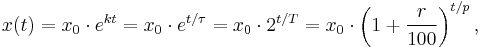 x(t) = x_0\cdot e^{kt} = x_0\cdot e^{t/\tau} = x_0 \cdot 2^{t/T}
= x_0\cdot \left( 1 %2B \frac{r}{100} \right)^{t/p},