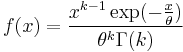 f(x) = \frac{x^{k - 1} \exp(-\frac{x}{\theta})}{\theta^k \Gamma(k)}